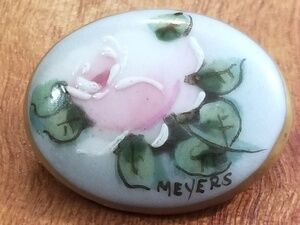 Vintage Victorian Style Signed Meyers Hand Painted Pink Rose Oval Brooch